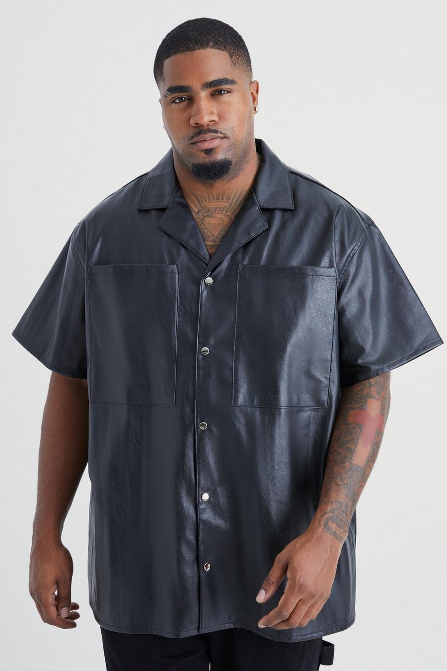 Black Plus Oversized Geborduurd PU Overhemd Met Korte Mouwen
