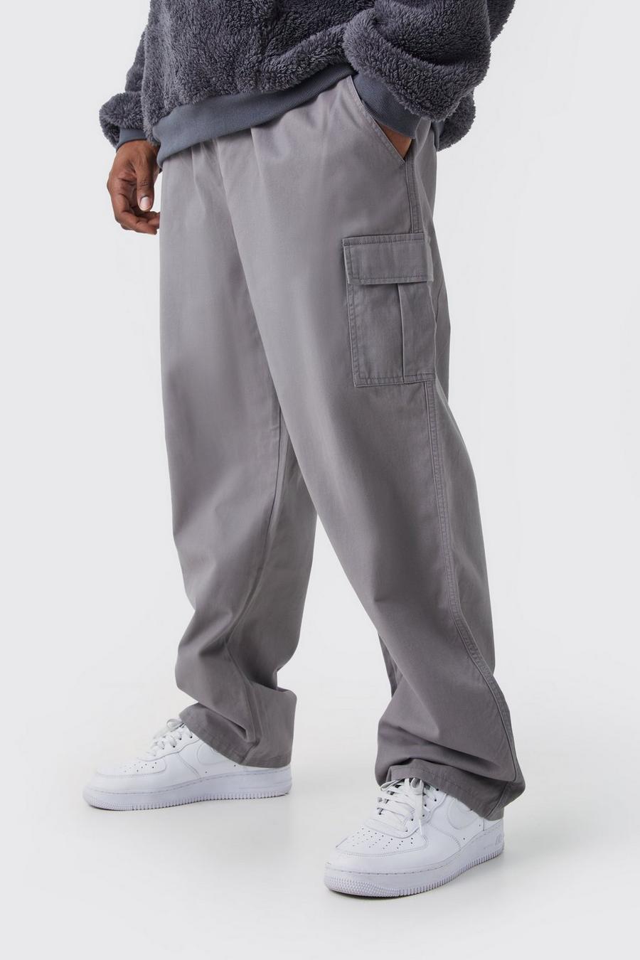 Grey Plus Fixed Waist Straight Leg Twill Cargo Trouser