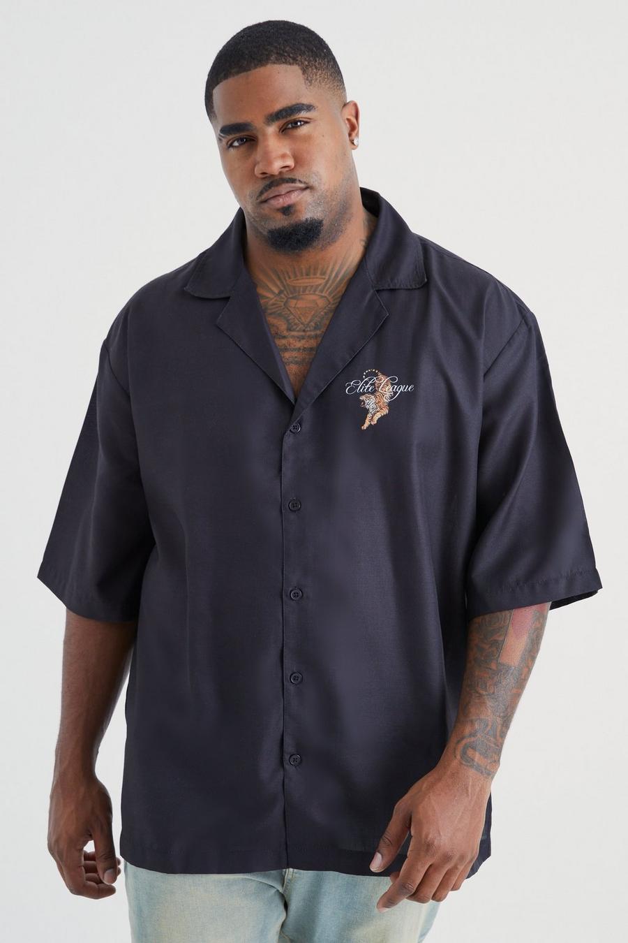 Black negro Plus Dropped Revere Slub Tiger Back Print Shirt