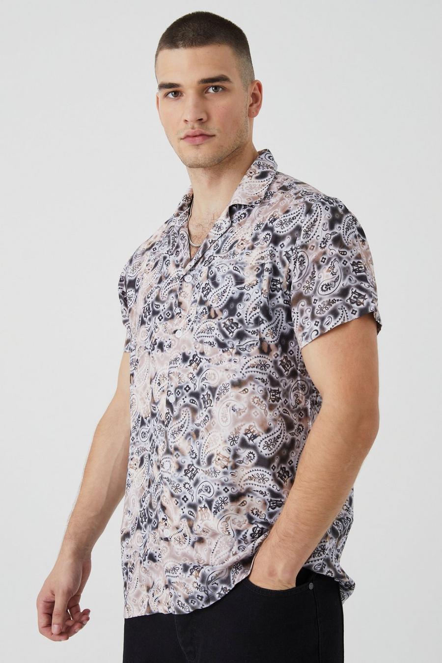Brown Tall Short Sleeve Viscose All Over Print Shirt image number 1