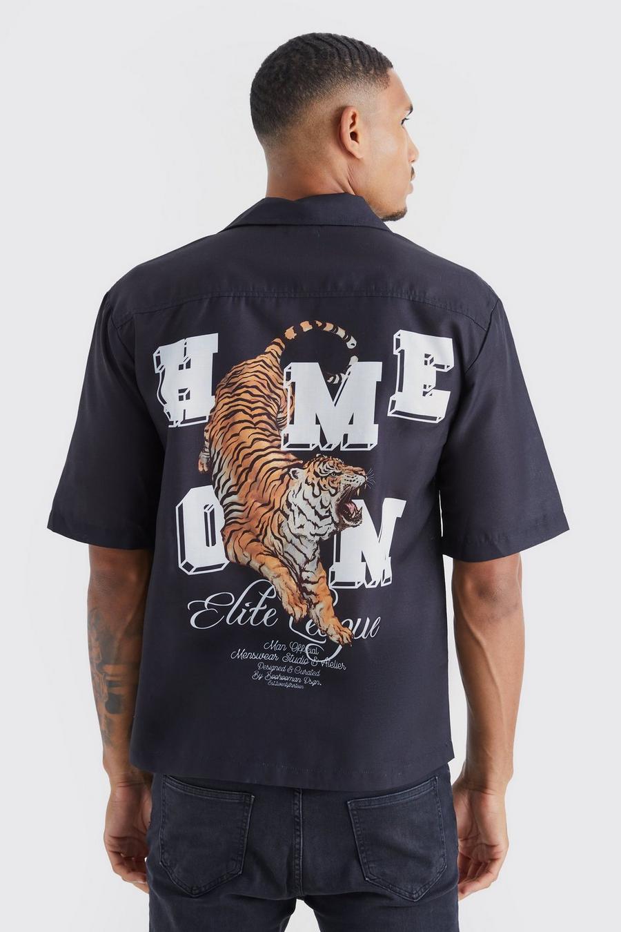 Black Tall Dropped Revere Slub Tiger Back Print Shirt