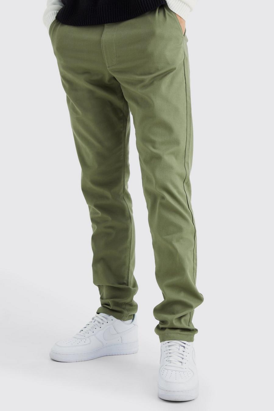 Khaki Tall Slim Fit Chino Broek Met Tailleband image number 1