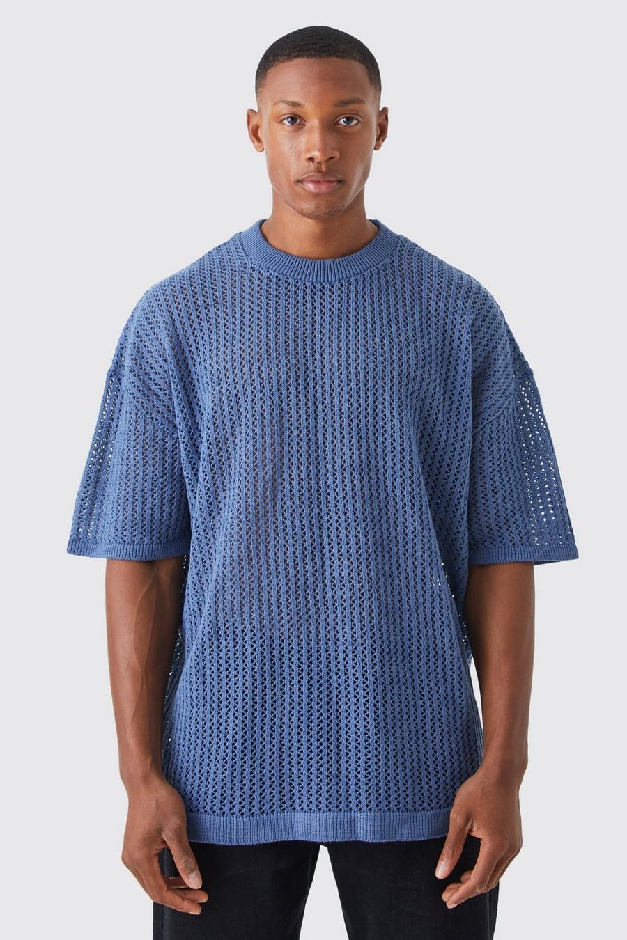 Slate blue Oversized Drop Shoulder Open Stitch T-shirt