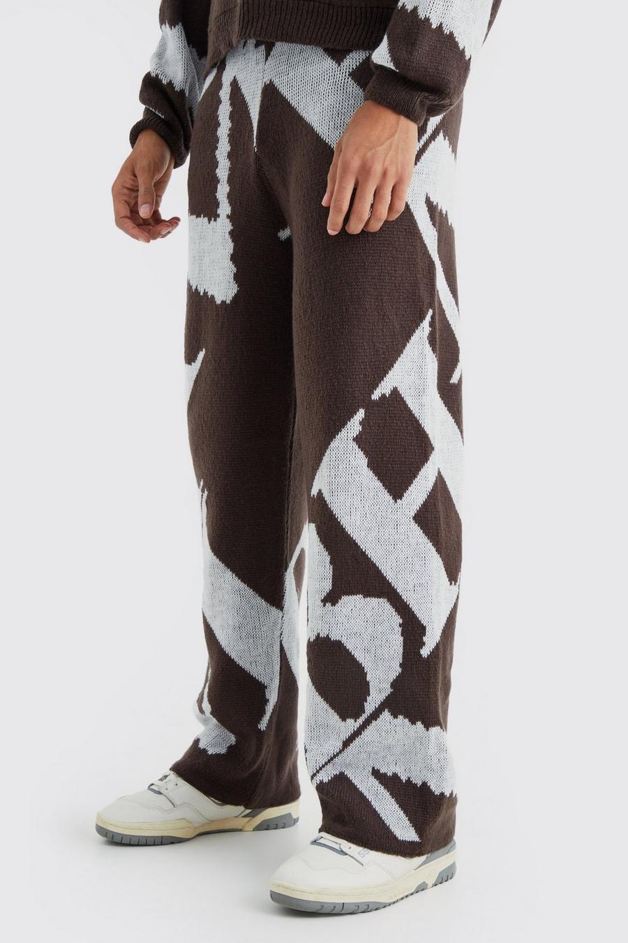 Pantaloni tuta a gamba ampia in maglia in jacquard spazzolato, Chocolate image number 1