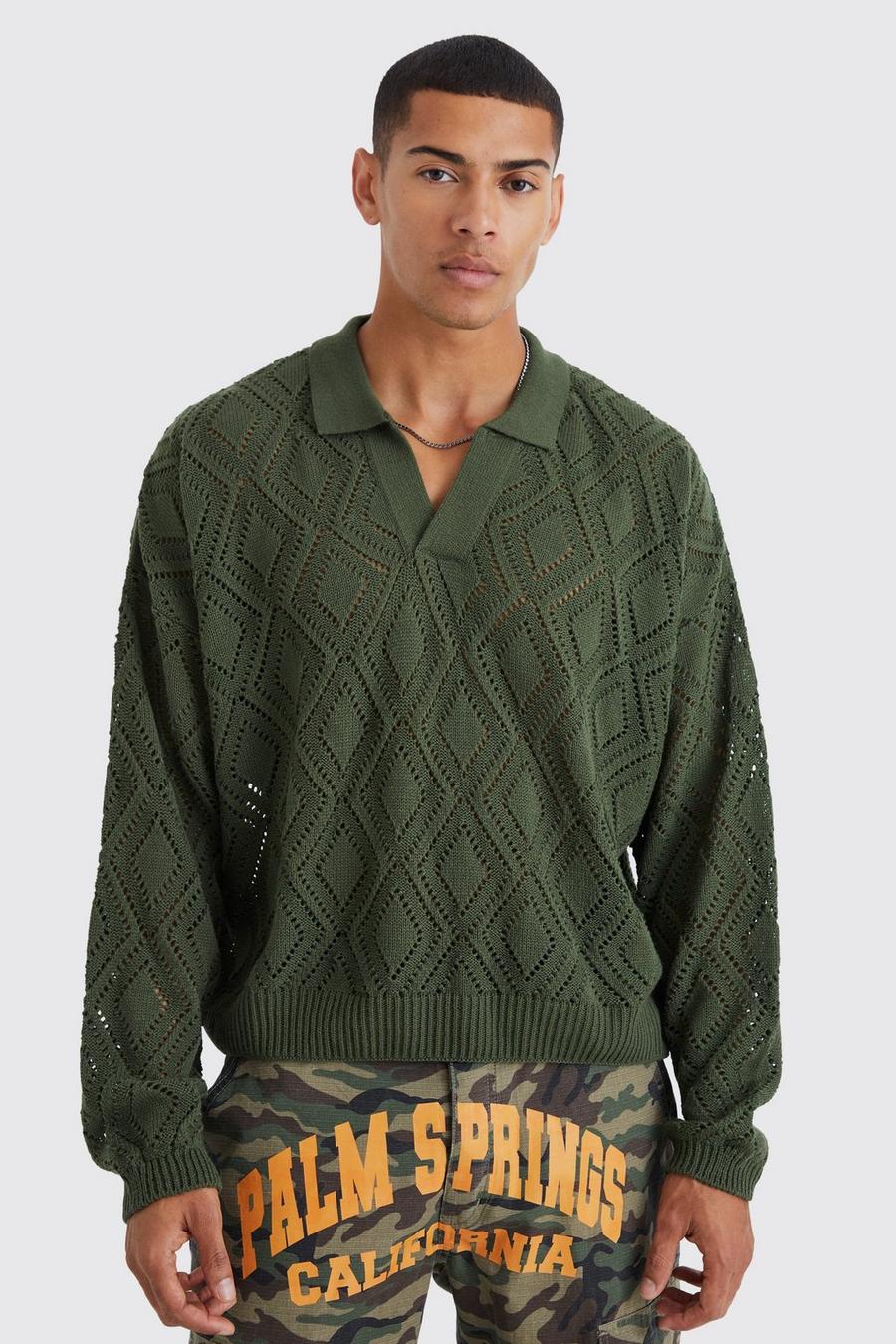 Khaki Long Sleeve Boxy Fit Revere Open Knit Polo image number 1