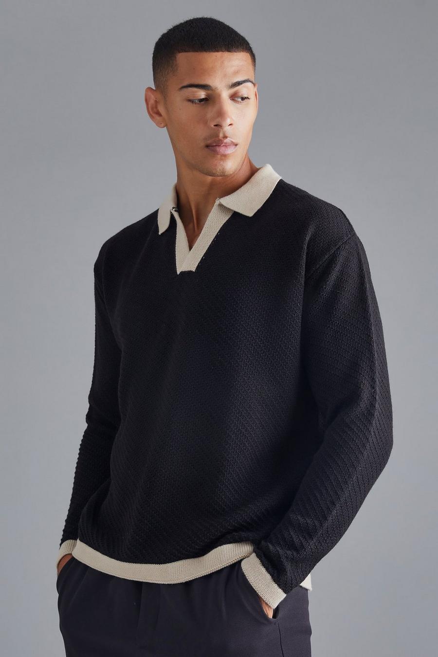 Polo oversize a maniche lunghe in maglia con colletto a contrasto, Black image number 1