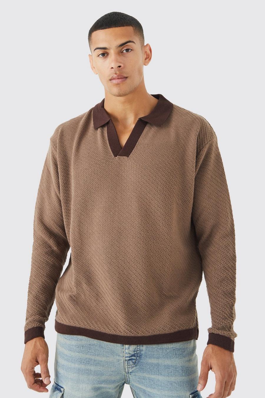 Taupe beige Long Sleeved Oversized Contrast Collar Knitted Polo