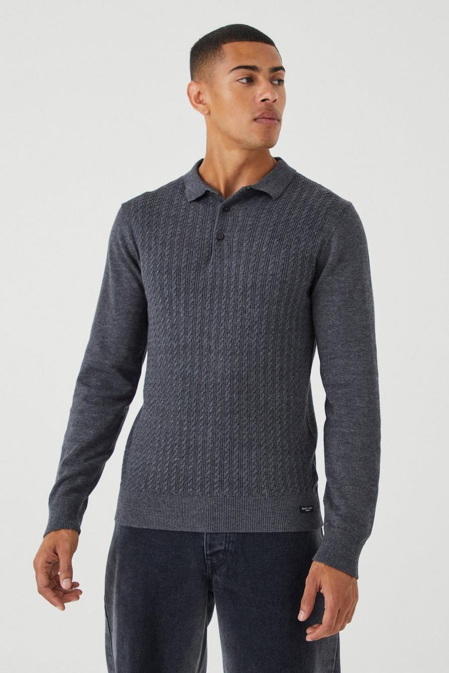 Charcoal grå Long Sleeve Cable Knitted Polo