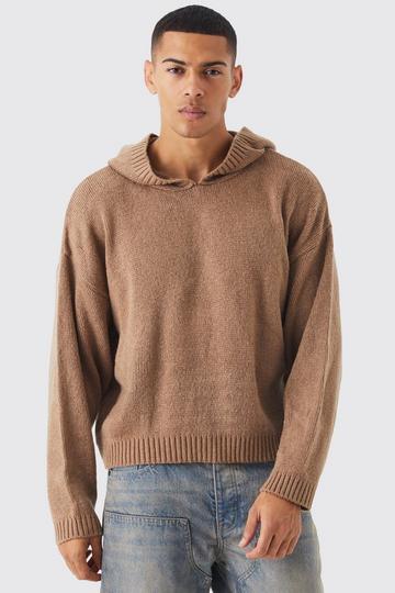 Boxy Brushed Ribbed Knitted Hoodie taupe