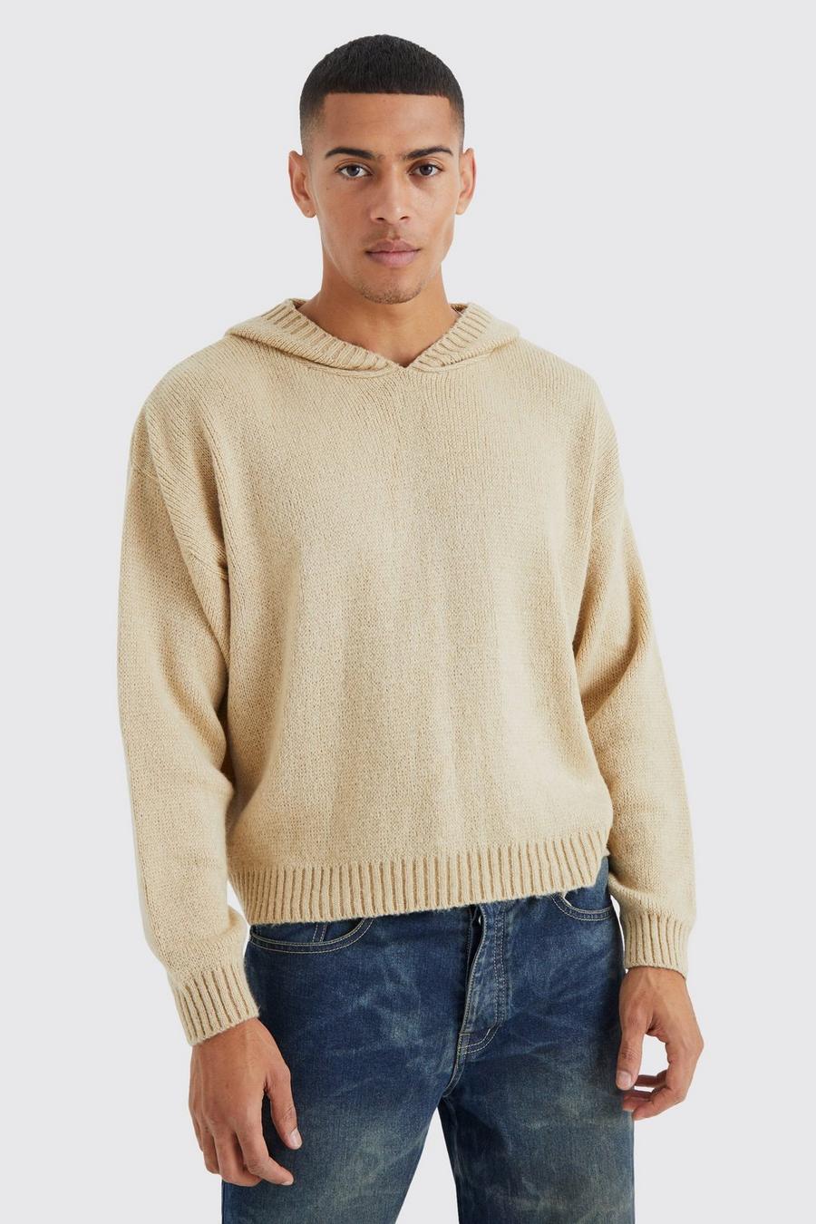 Ecru Boxy Brushed Ribbed Knitted Hoodie  image number 1