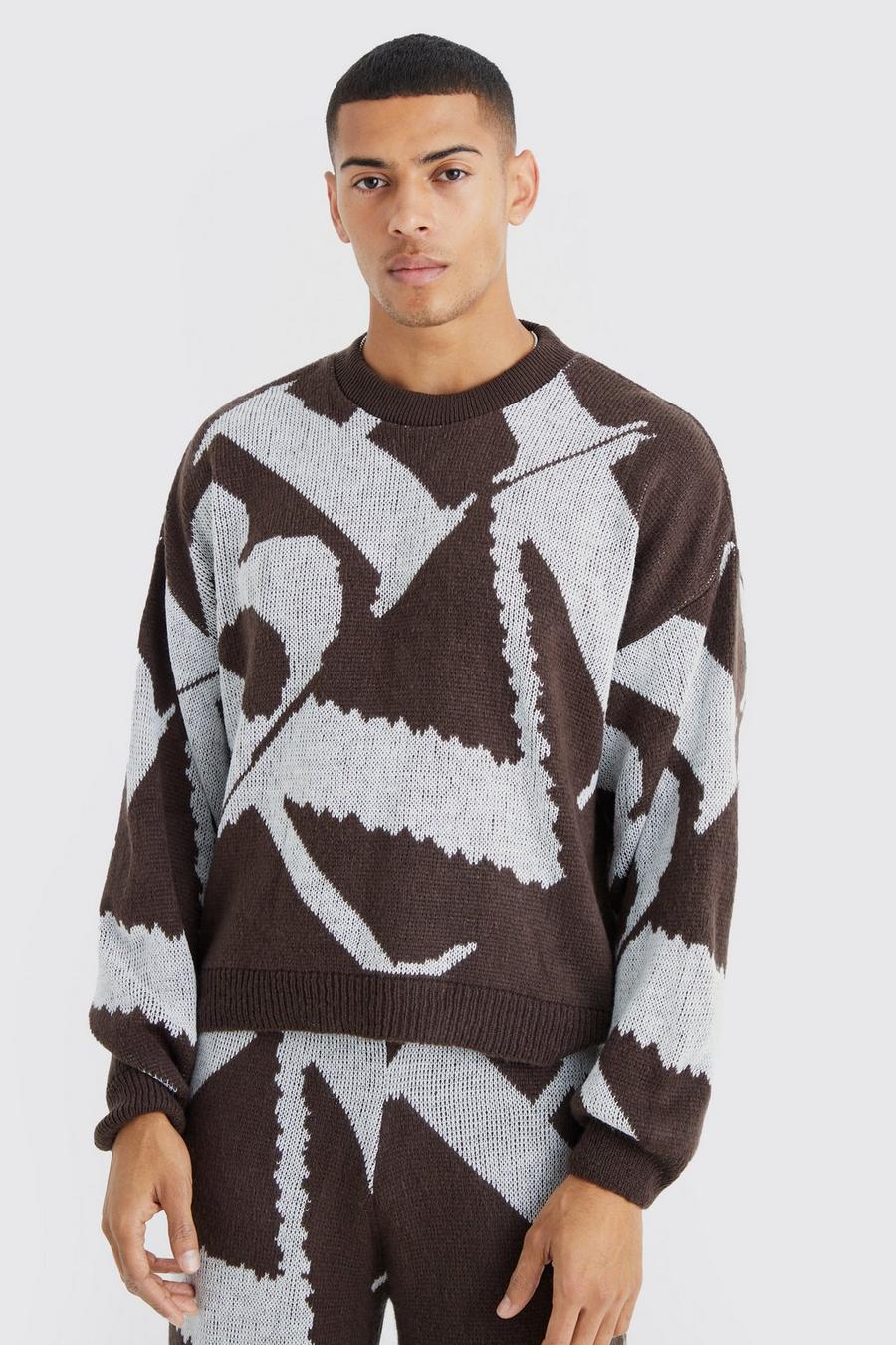 Chocolate Boxy Brushed Jacquard Knitted Jumper image number 1