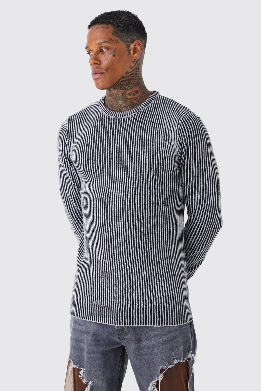 Grey Regular Crew Neck Plated Ribbed Knit Sweater image number 1