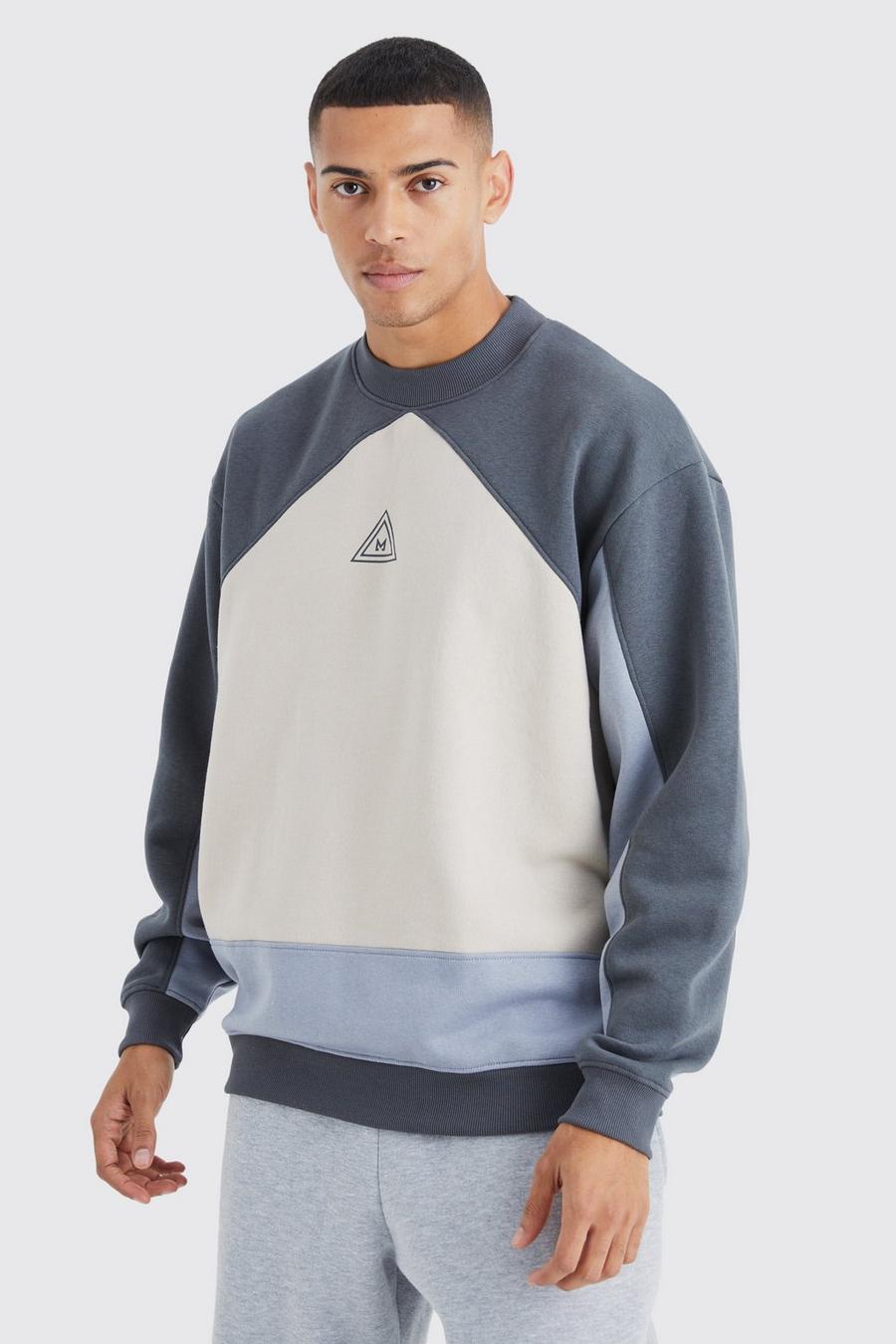 Charcoal grey Oversized Extended Neck Branded Colour Block Sweatshirt