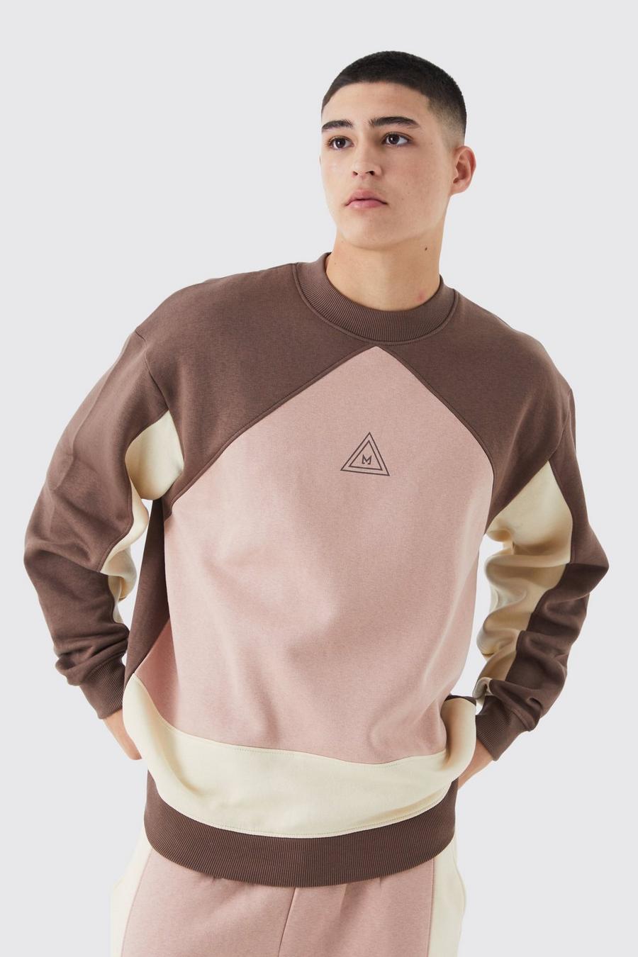 Chocolate Oversized Extended Neck Branded Colour Block Sweatshirt image number 1