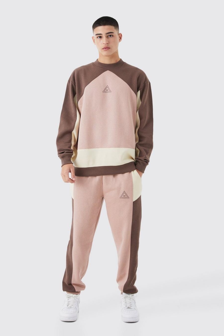 Chocolate brown Oversized Extended Neck Colour Block Sweatshirt Tracksuit