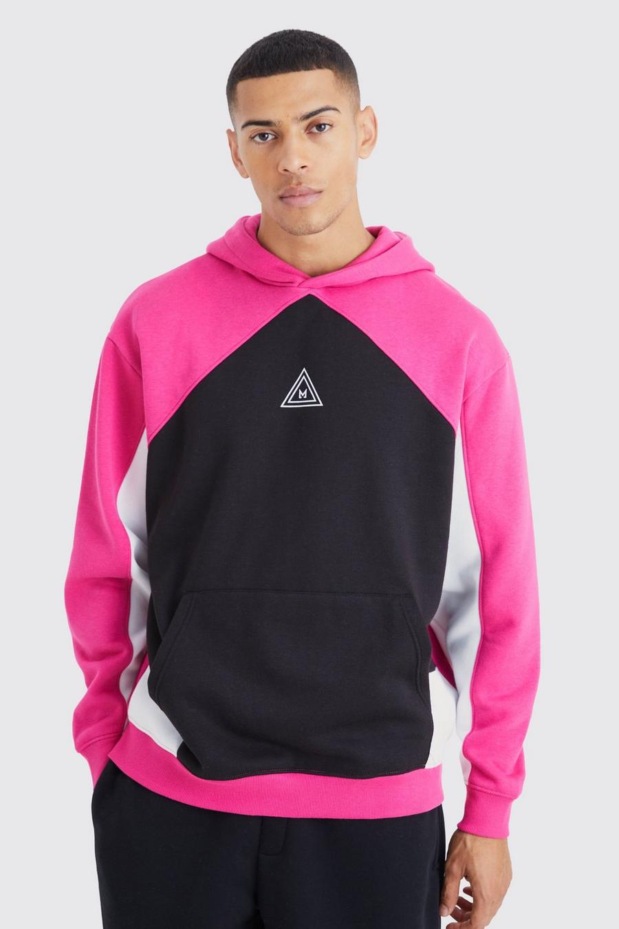 Pink Oversized Branded Colour Block Hoodie image number 1