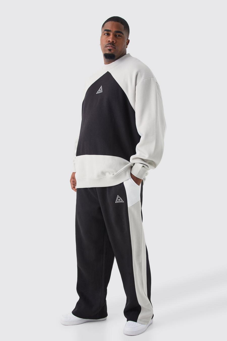 Plus Oversize Colorblock Sweatshirt-Trainingsanzug, Black image number 1