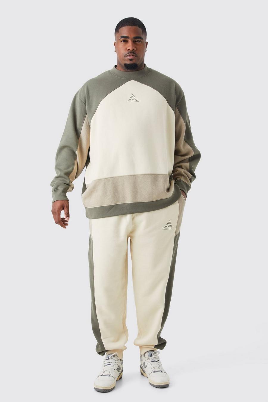 Plus Oversize Colorblock Sweatshirt-Trainingsanzug, Khaki image number 1