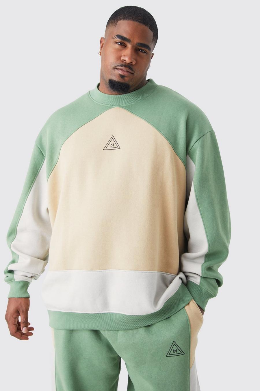 Sage green Plus Oversized Branded Colour Block Sweatshirt