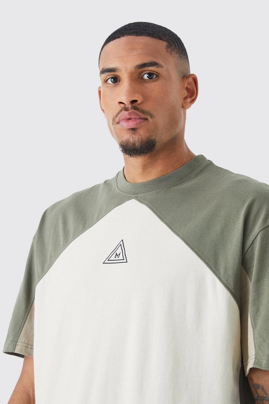 Tall Oversize Colorblock T-Shirt mit Logo, Khaki image number 1