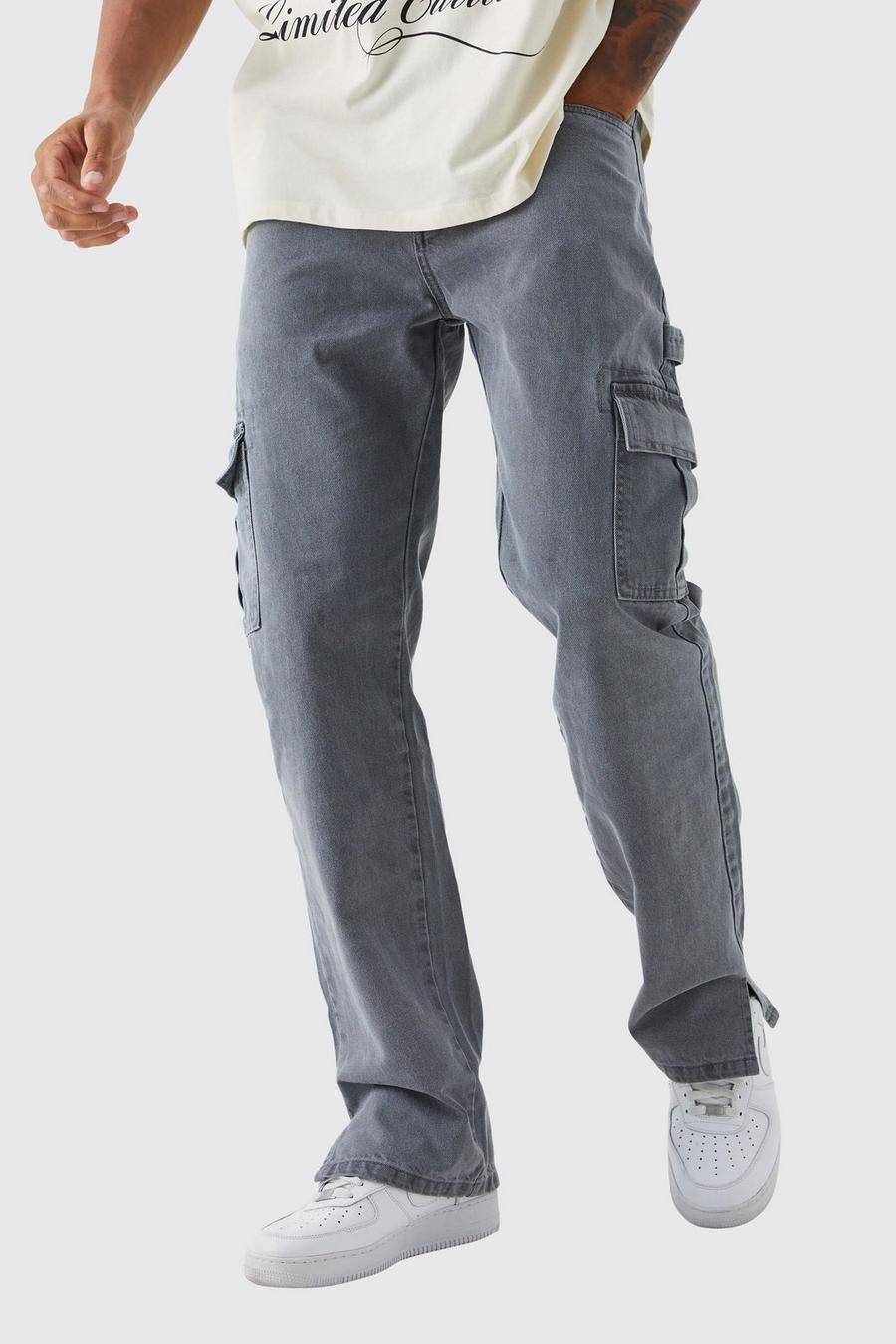 Tall lockere Jeans mit geteiltem Saum, Mid grey