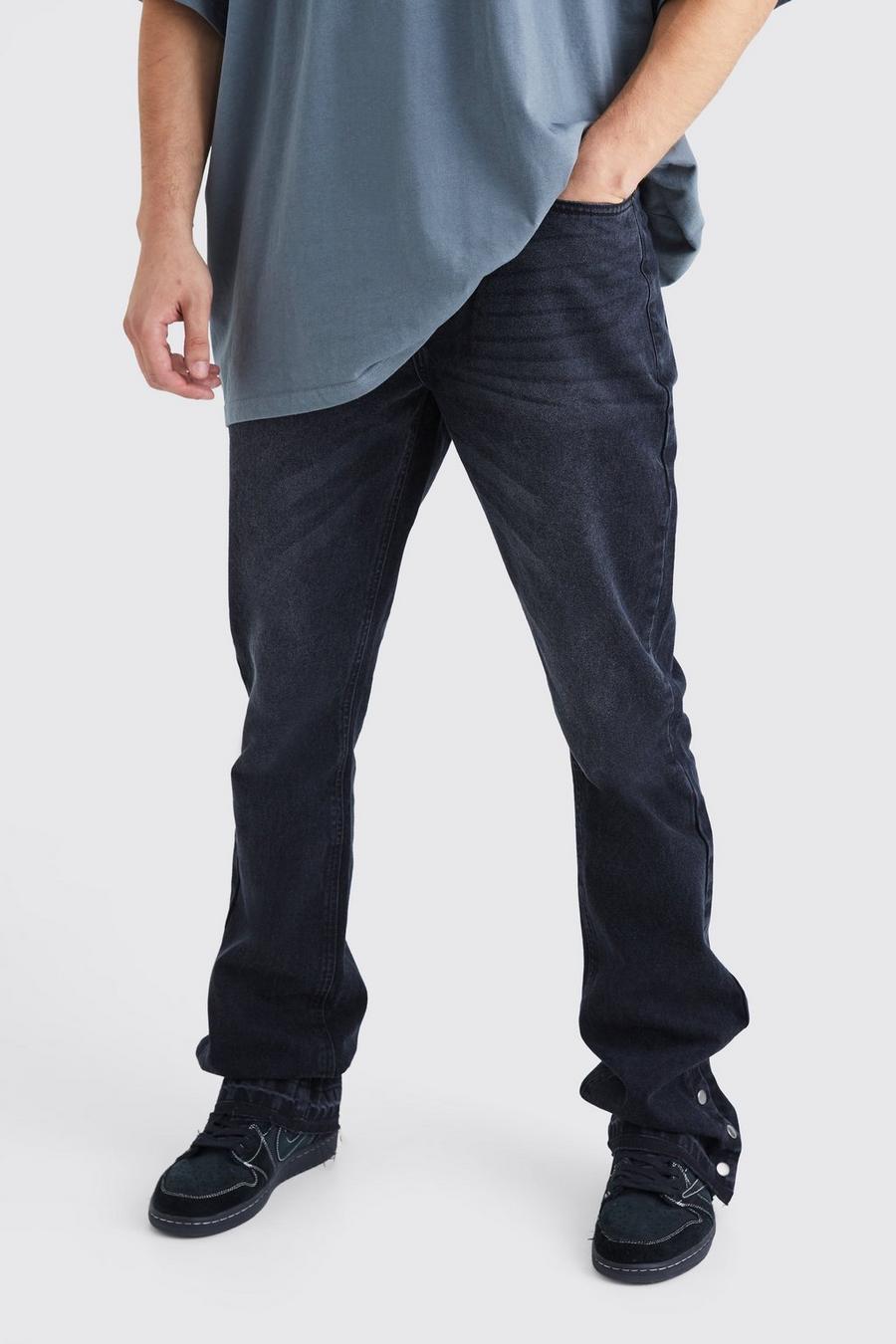Jeans Tall Slim Fit in denim rigido a zampa con bottoni a pressione sul fondo, Washed black image number 1