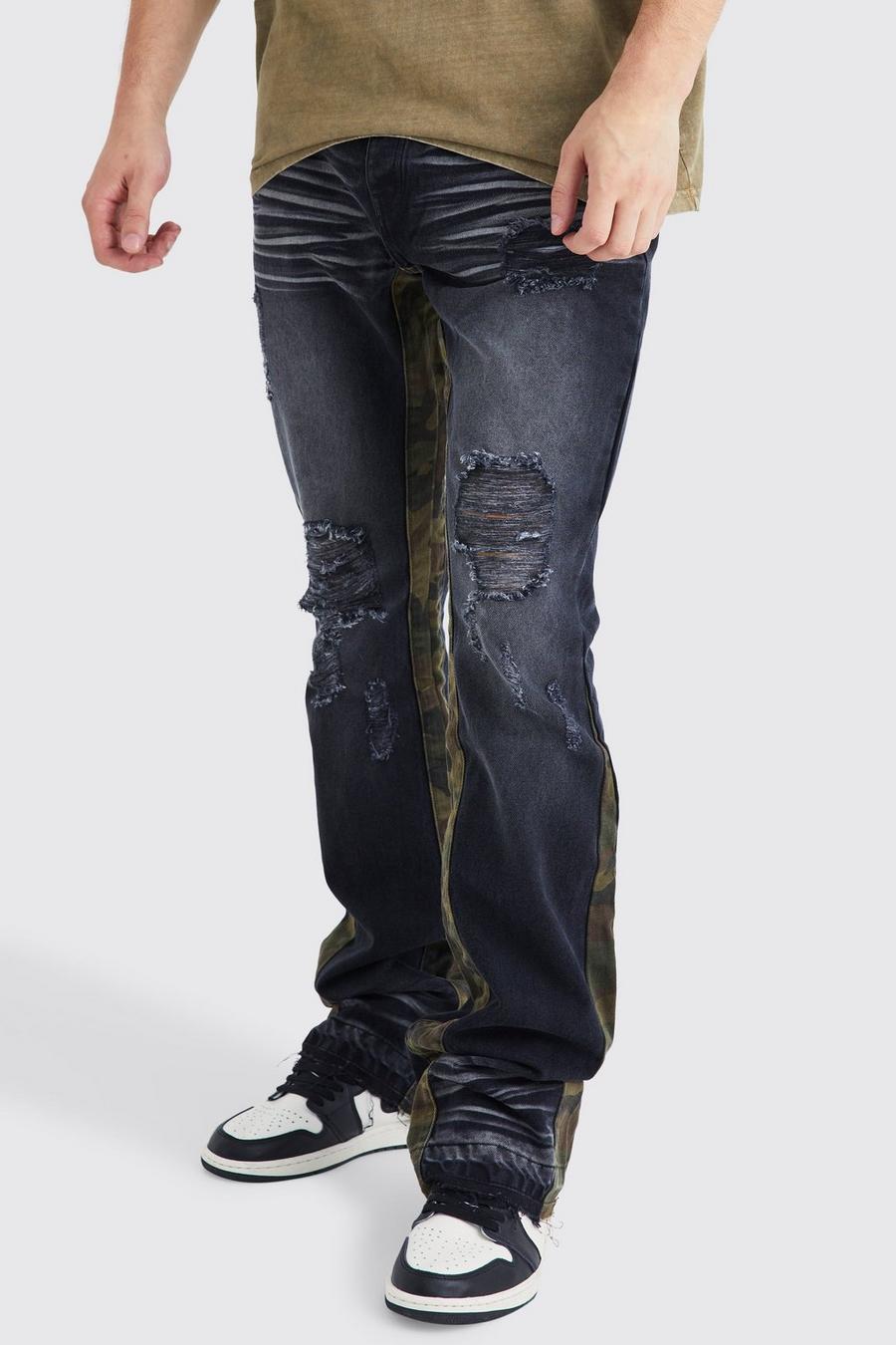 Jeans Tall Slim Fit in denim rigido a zampa con inserti a contrasto, Washed black