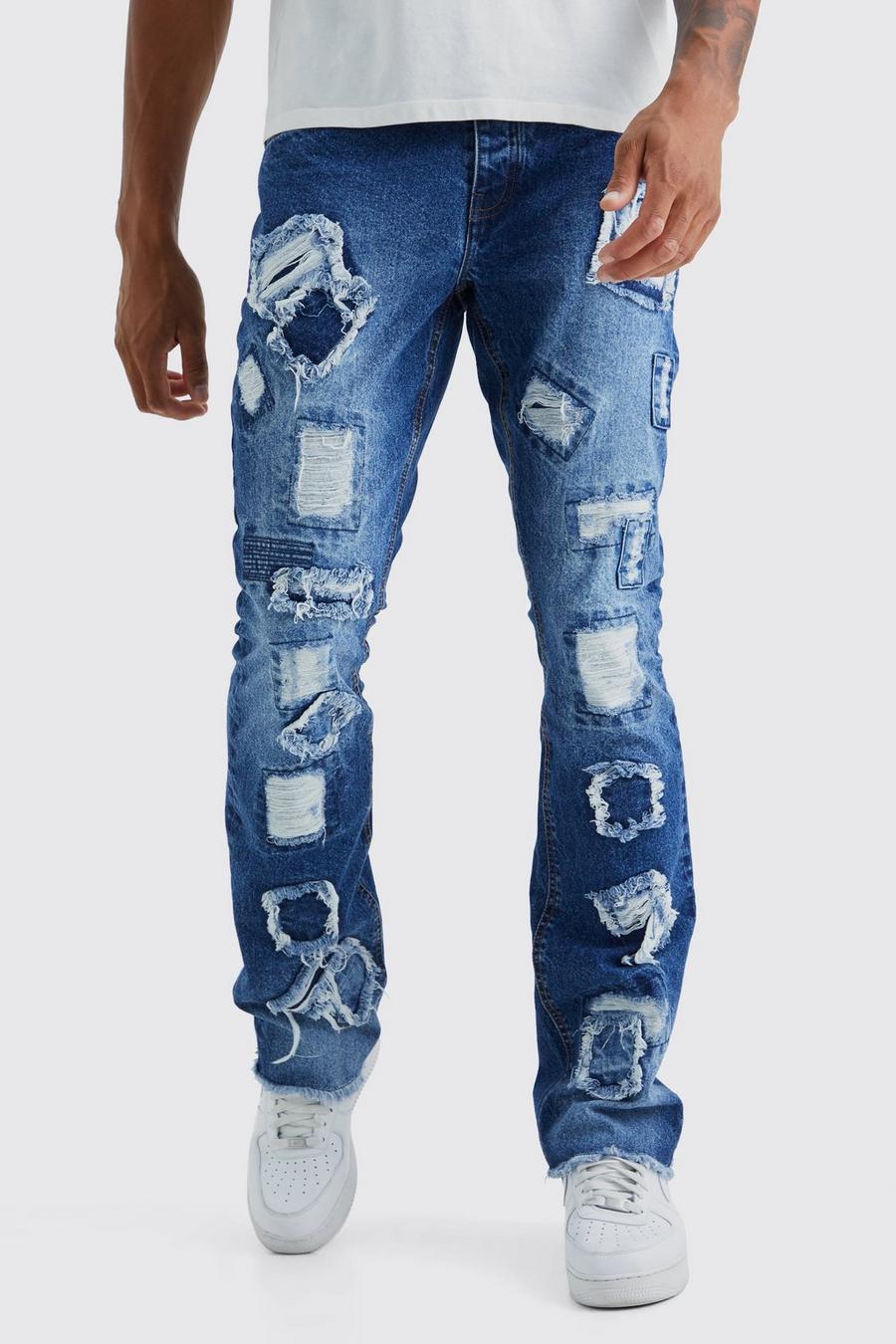 Dark blue Tall Onbewerkte Versleten Flared Slim Fit Jeans Met Patches image number 1