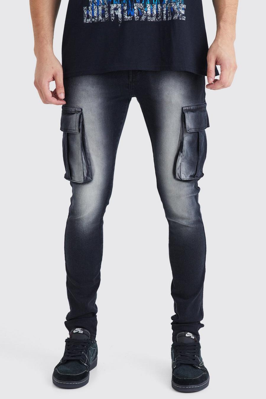 Tall Super Skinny Stretch Cargo-Jeans, Washed black image number 1