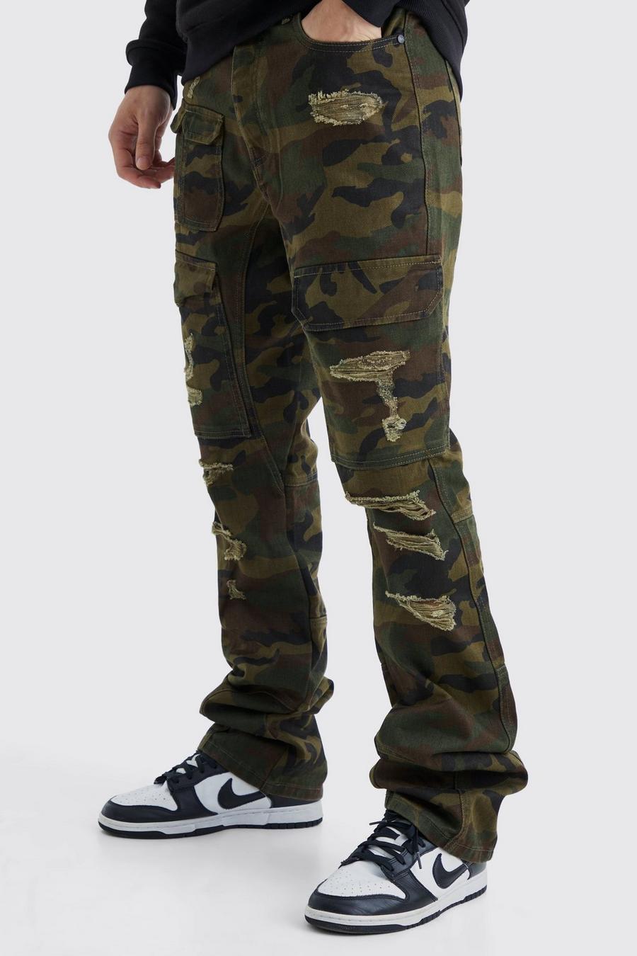 Jeans Cargo Tall Slim Fit in denim rigido in fantasia militare con rattoppi, Khaki image number 1