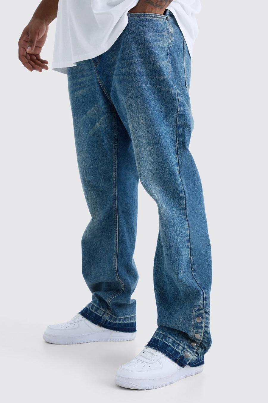 Jeans Plus Size Slim Fit in denim rigido a zampa con bottoni a pressione sul fondo, Antique blue