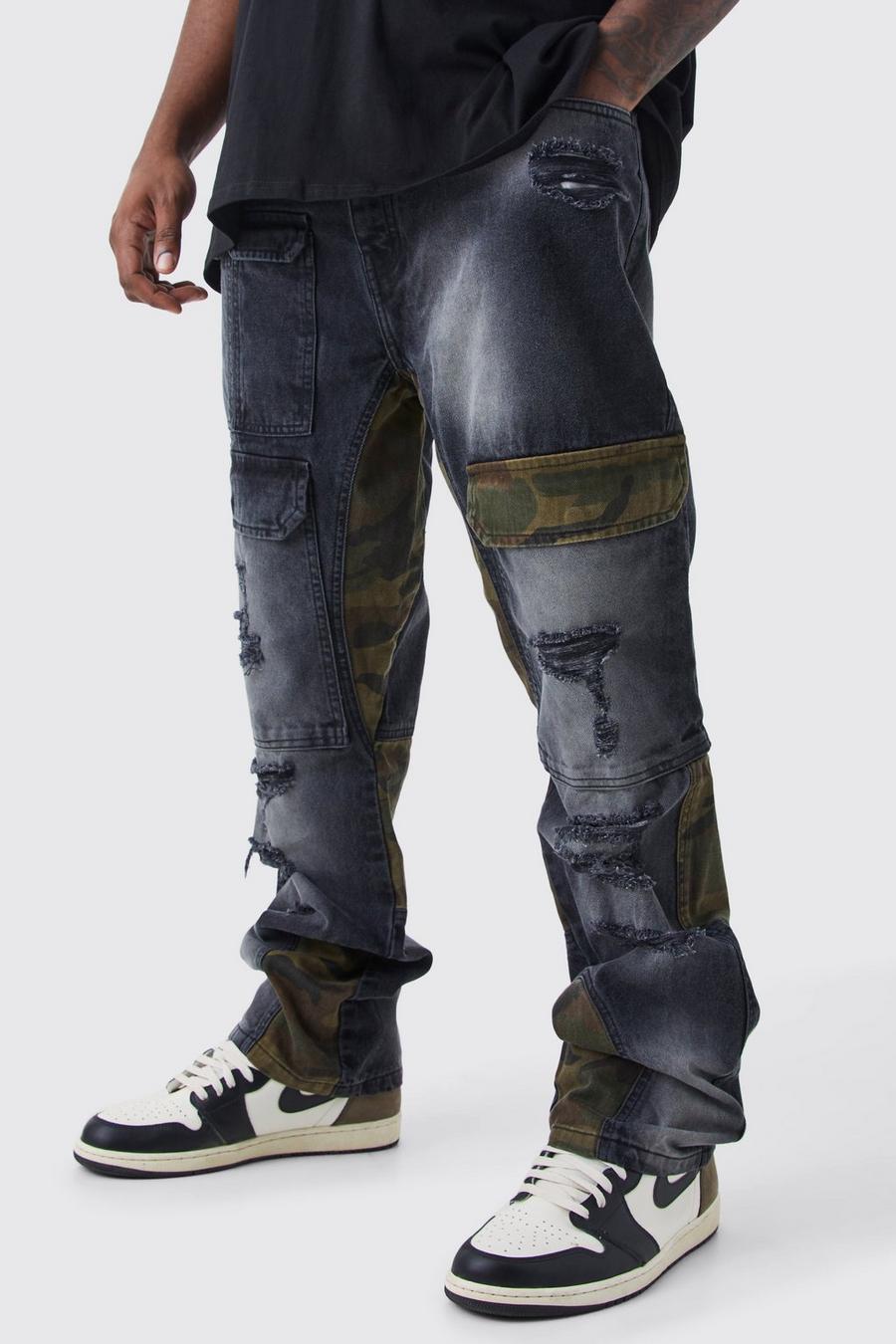 Washed black Plus Onbewerkte Flared Camo Slim Fit Cargo Jeans image number 1