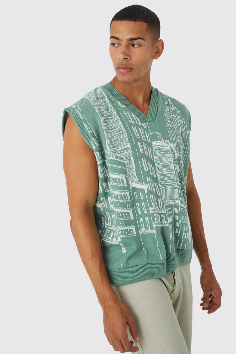 Sage green Oversized Line Graphic Knitted Vest