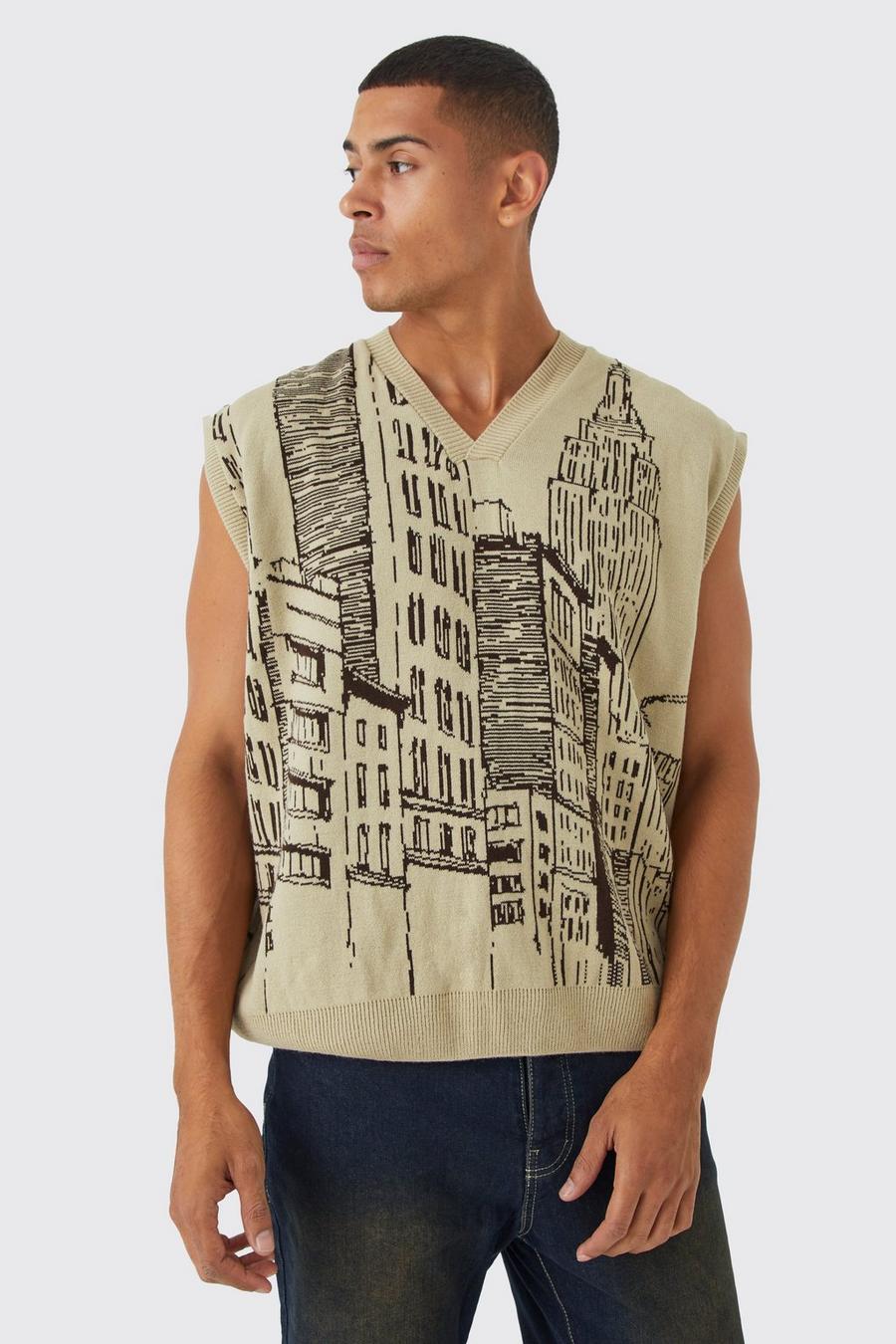 Ecru vit Oversized Line Graphic Knitted Vest