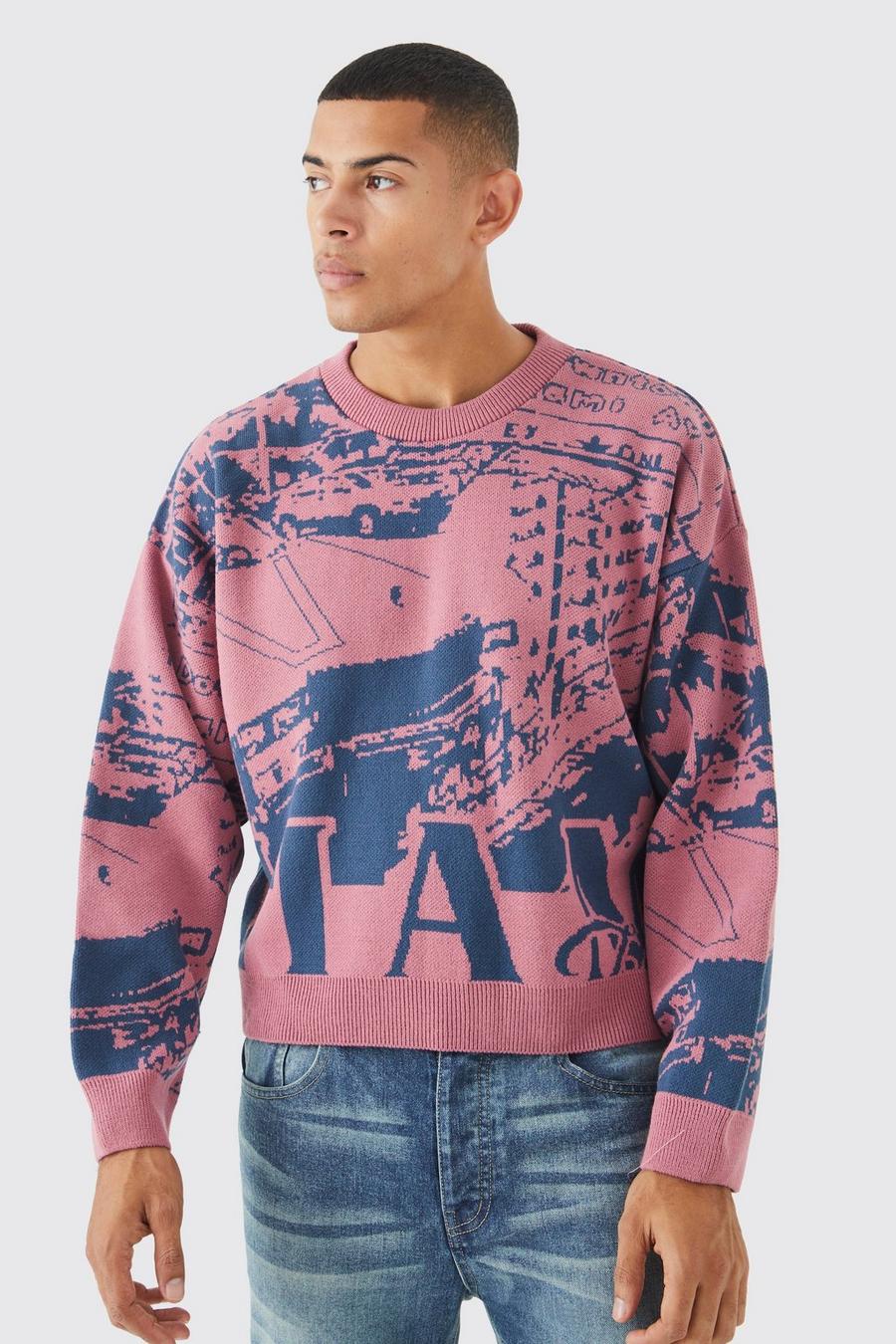 Kastiger Oversize Pullover mit Print, Pink