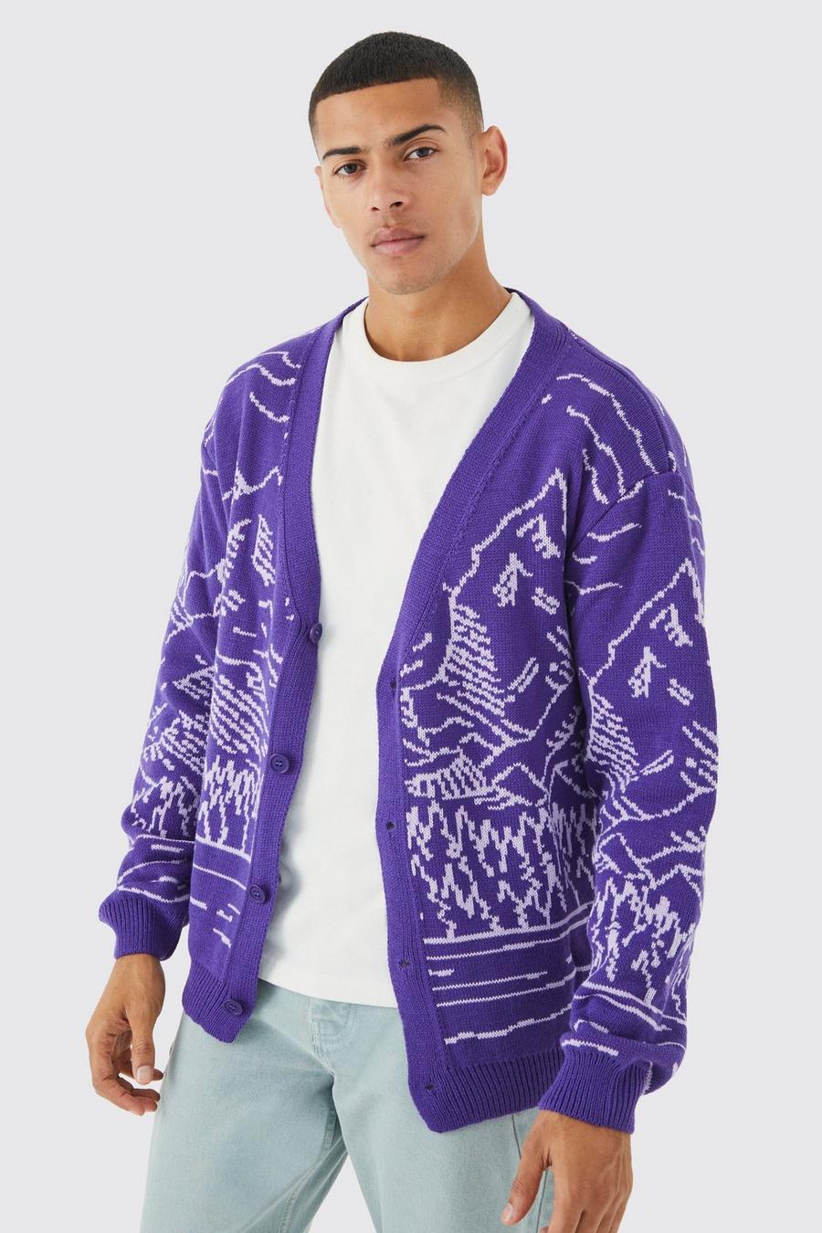 Cardigan oversize con grafica scenica e linee, Purple