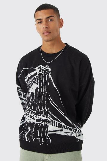 Oversized Drop Shoulder Line Graphic Sweater black