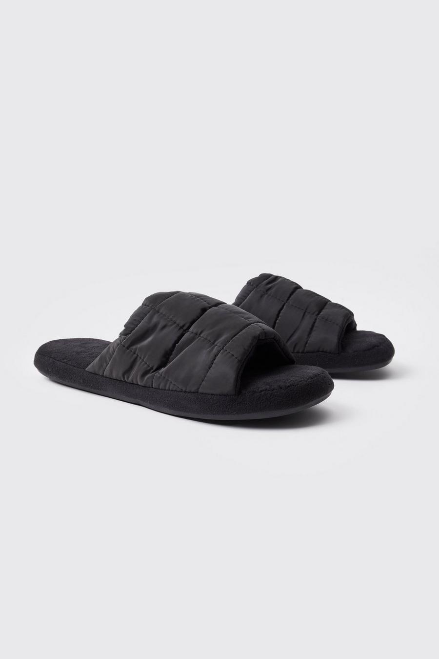 Black Open Toe Quilted Nylon Slippers image number 1