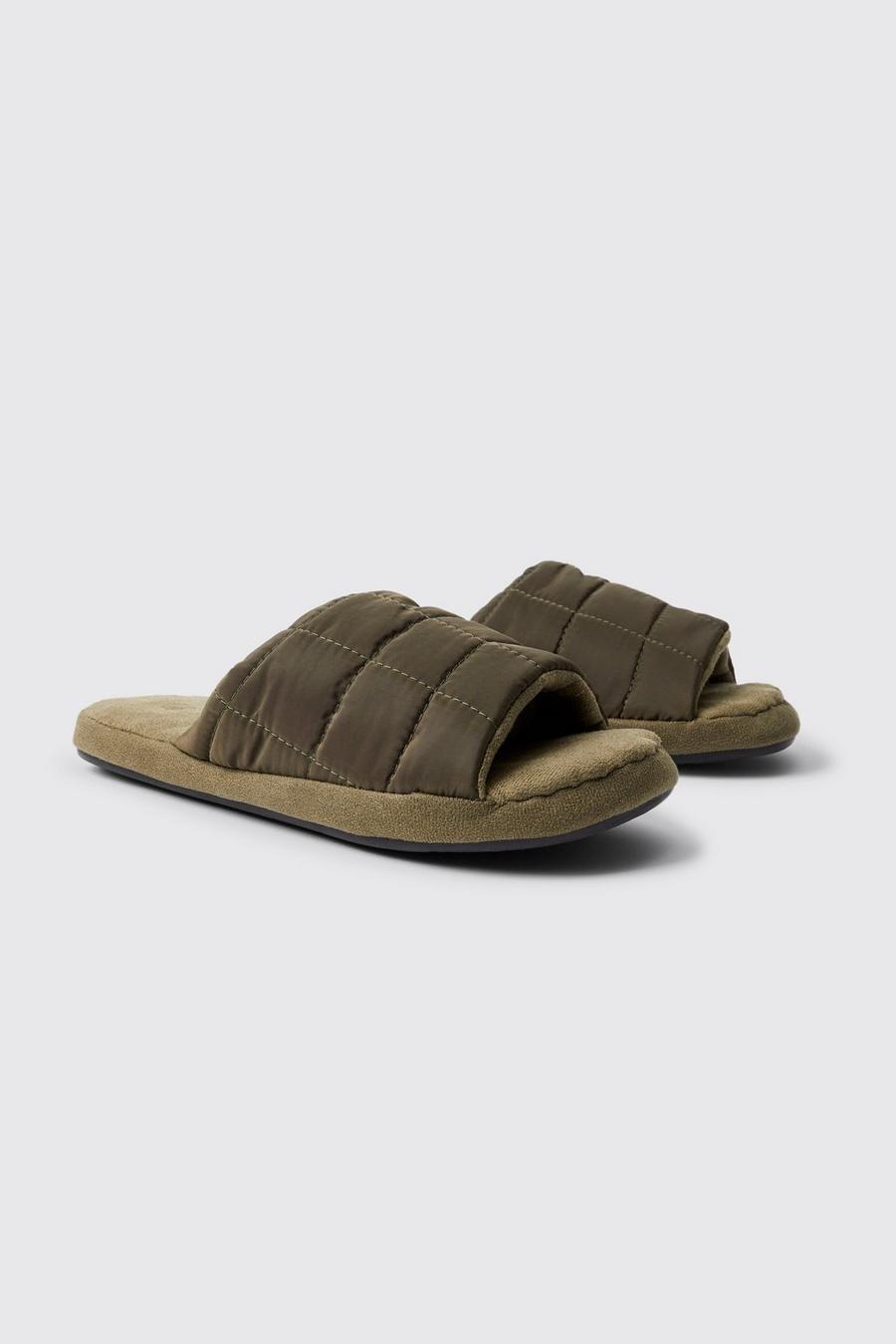 Khaki Open Toe Quilted Nylon Slippers image number 1