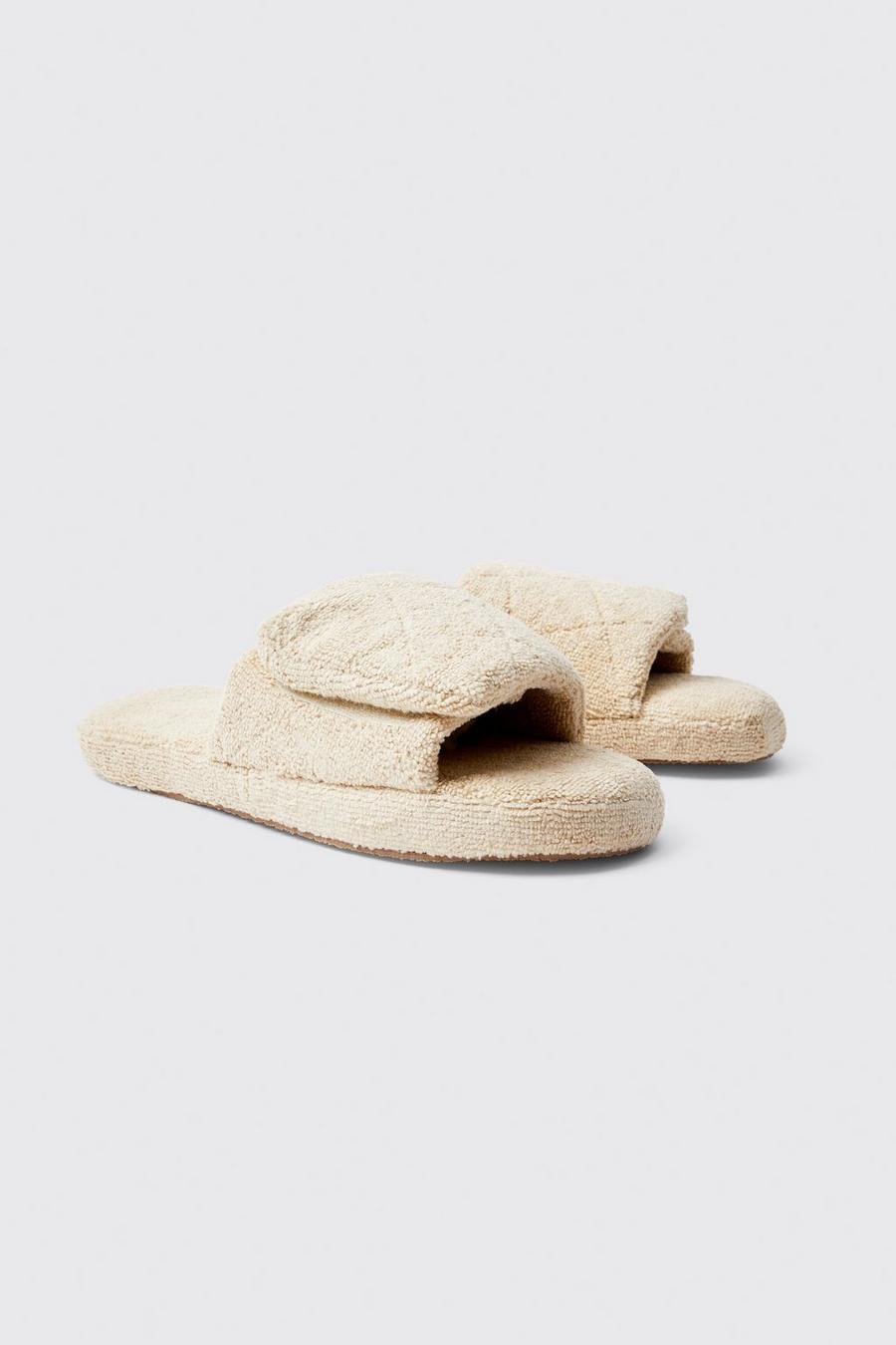 Ecru white Open Toe Quilted Fleece Slippers