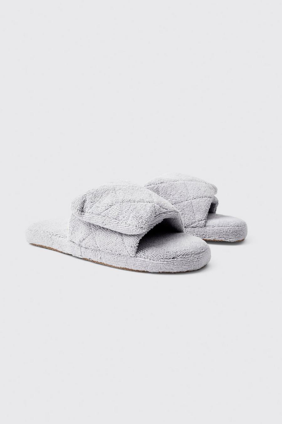 Grey Open Toe Quilted Fleece Slippers