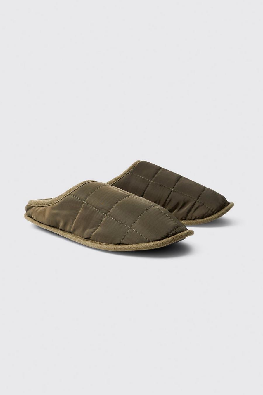 Khaki Closed Toe Quilted Nylon Slippers image number 1