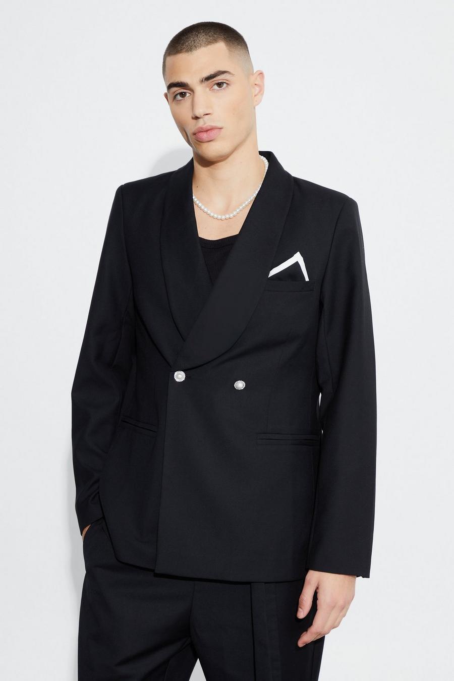 Black Slim Fit Blazer With Embellished Buttons image number 1