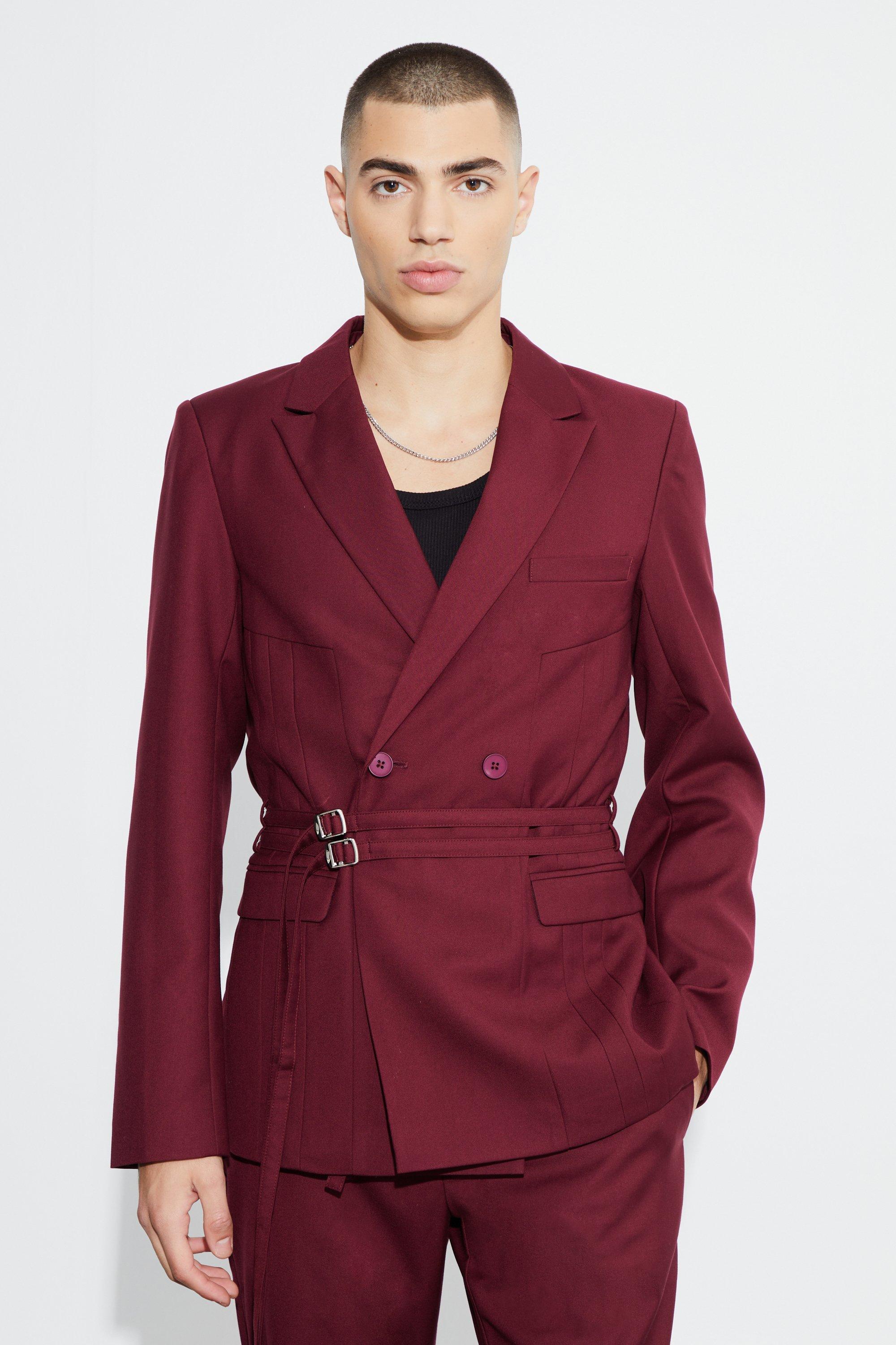 Wine Slim Fit Double Breasted Seam Detail Blazer