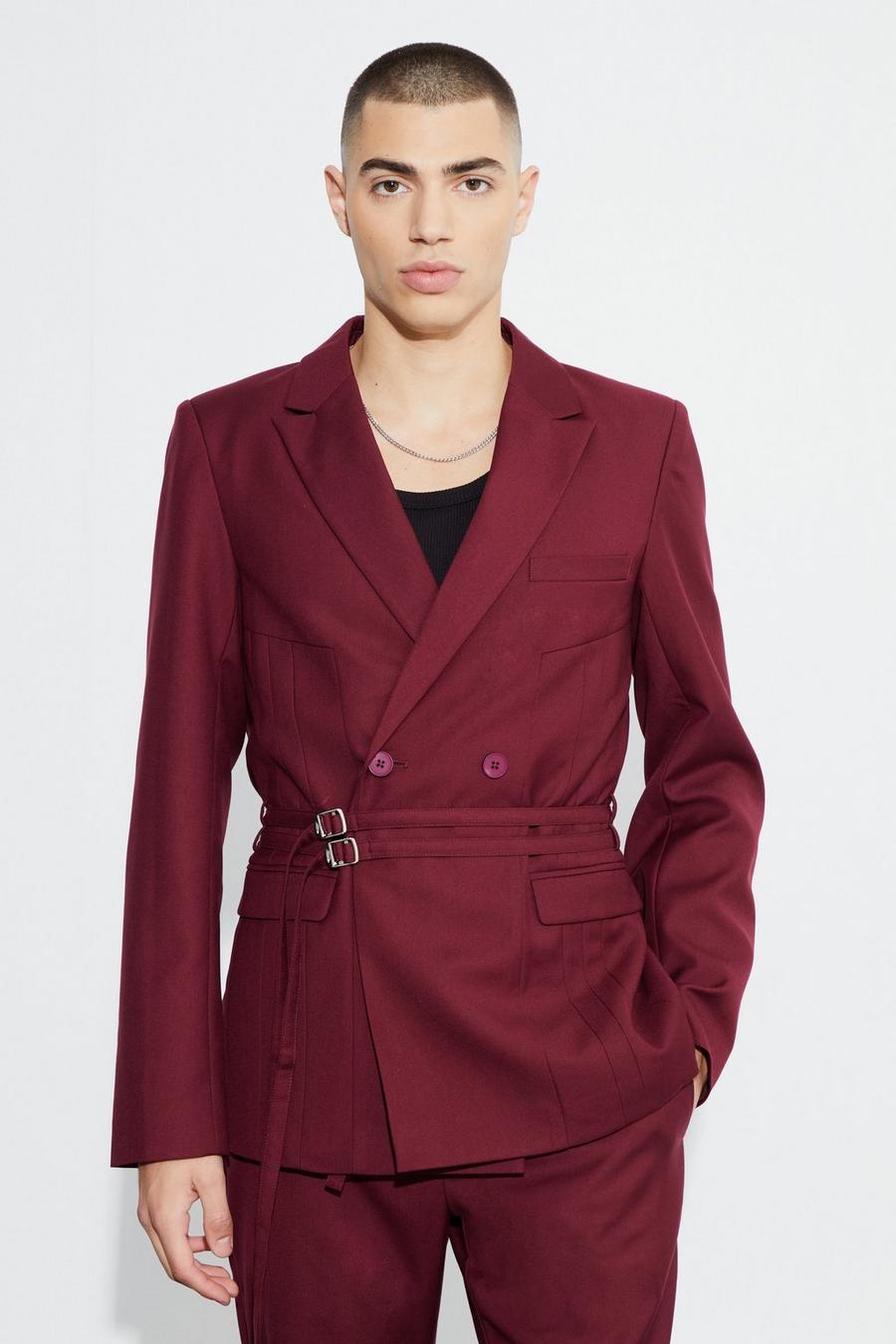 Wine Slim Fit Double Breasted Seam Detail Blazer image number 1