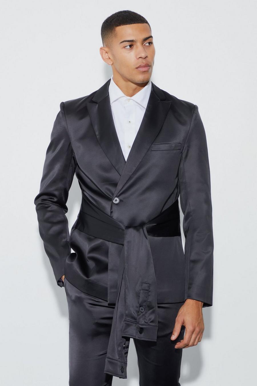Black Skinny Fit Satin Blazer With Sleeve Tie Waist image number 1