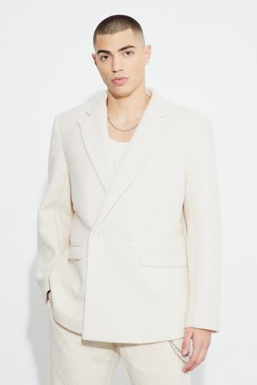 Ecru White Relaxed Fit Double Breasted Boucle Blazer