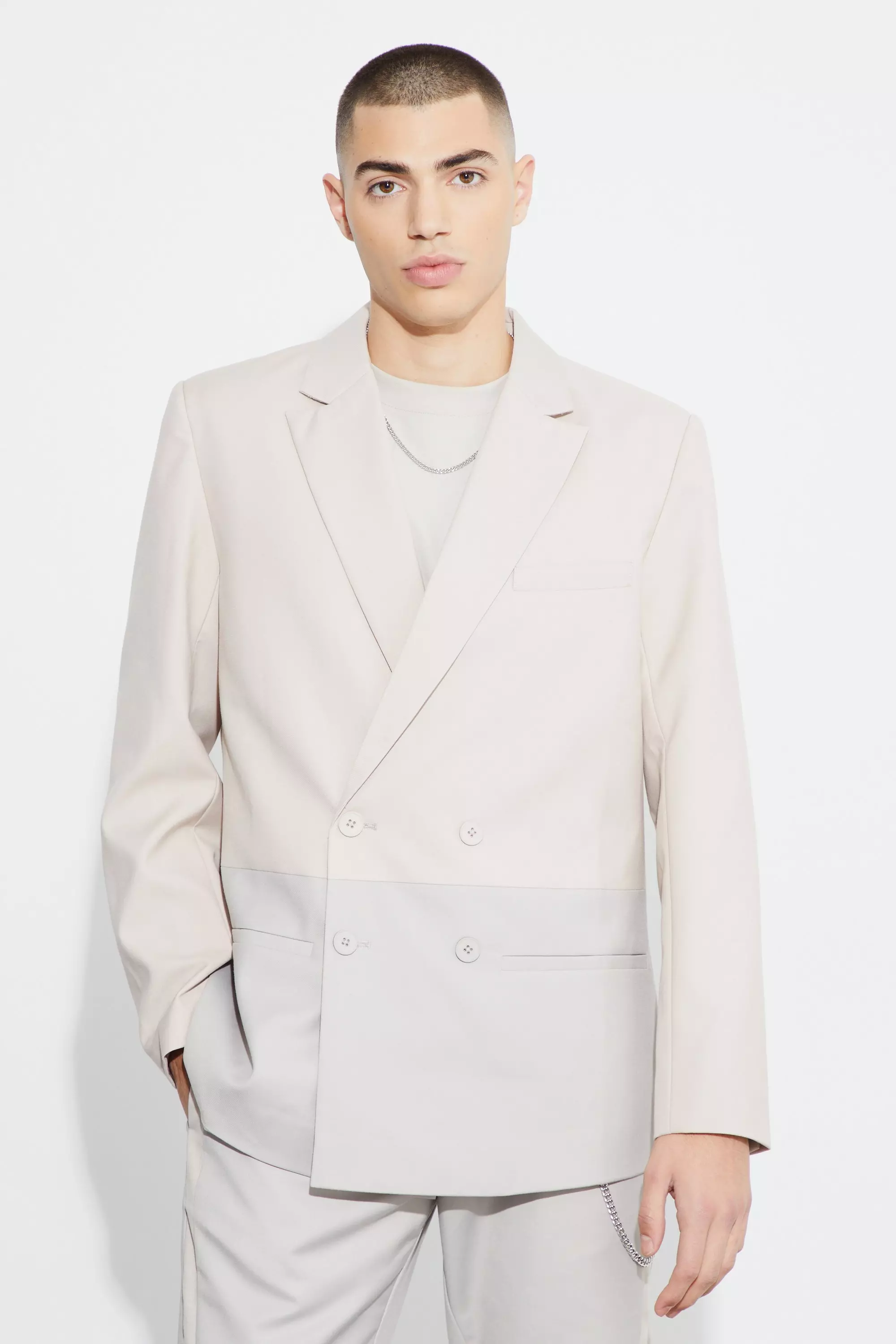 Ecru Relaxed Fit Double Breasted Colour Block Blazer alternative image