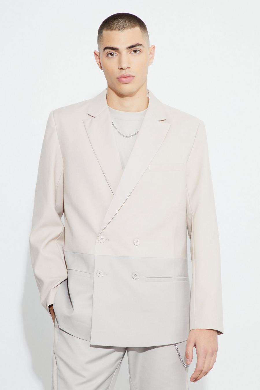 Ecru Relaxed Fit Double Breasted Colour Block Blazer