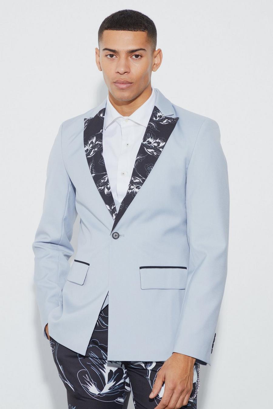 Grey Skinny Fit Blazer With Contrast Floral Lapel image number 1